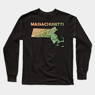 Colorful mandala art map of Massachusetts with text in green and orange Long Sleeve T-Shirt